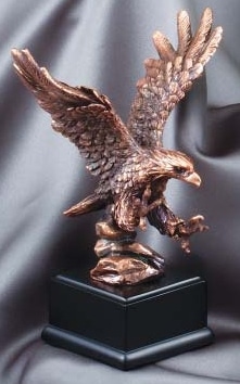 Bronze eagle statue showing the eagle landing, Mounted on black base, RFB011 is 7.5" tall, Weighs 2 lbs