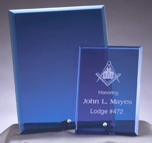 Blue Glass Plaques with silver peg at bottom, laser engraves with a white color
