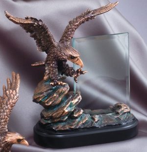 Bronze eagle statue with glass engraving plate on a black base, RFB806 is 9" tall, Weighs 5 lbs.