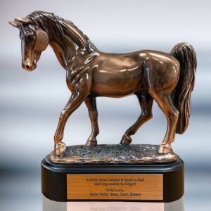 Our Tennessee Walker Horse Statue features a bronze Tennessee Walker Horse on a black base. The black base includes a bronze engraving plate for personalization.