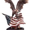 Bronze eagle statue holding American flag mounted on dark wood base, RFB111 is 12.5" tall, Weighs 5 lbs