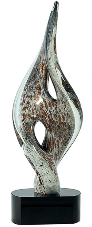 Twisting spire piece of glass art with silver & copper colors, mounted on black glass base, AGS14 is 15.25" tall, Weighs 8 lbs