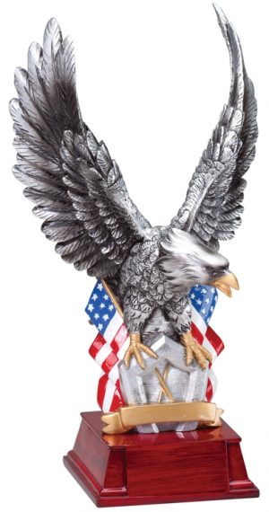 Silver resin eagle with 2 American flags standing on a pentagon, mounted on rosewood base, AE305 is 11" tall, Weighs 2.6 lbs.