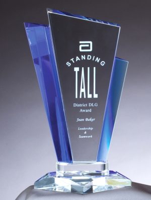 Contemporary glass award with clear area for engraving & blue accents on side, GL123 is 8.25", GL124 is 8.75", GL125 is 10"