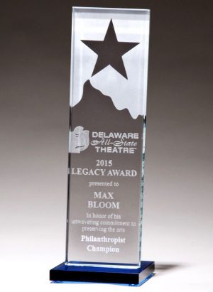 Rectangle glass award with star & mountain at top, mounted on blue mirror base, G2883 is 3" x 9.25", Weighs 2 lbs