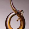 Glass art award in the shape of a swooping hook with brown colors, mounted on glass base, glsc4, 14.5" tall