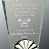 Fan shaped piece of glass for engraving with silver horizon decoration, mounted on black glass base, hgl22, 9" tall