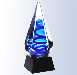 Spear shaped piece of glass with blue colors throughout, Mounted on black glass base, G1613, Blue Ocean Glass Art Award