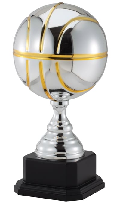 A silver metal basketball trophy with gold accents on the ball and a silver metal stem connecting the ball to the base. The base is a black wood base that includes an engraving plate for personalization.