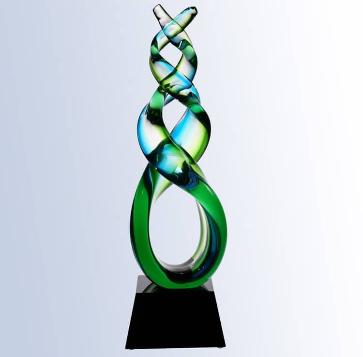 A green Double Helix Glass Glass Art Award mounted on a black glass base. The base is blank, but usually people personalize the base with text or a logo to make this a personalized gift. 