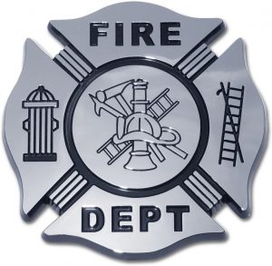 A silver Firefighter Maltese Cross with black imprinted engravings. At top of the cross is the word Fire, while the bottom says Dept. On the left side is a fire hydrant and on the right is a hook and ladder. In the middle circle is a collage of a firefighter helmet, ladder, ax, hook and hose.