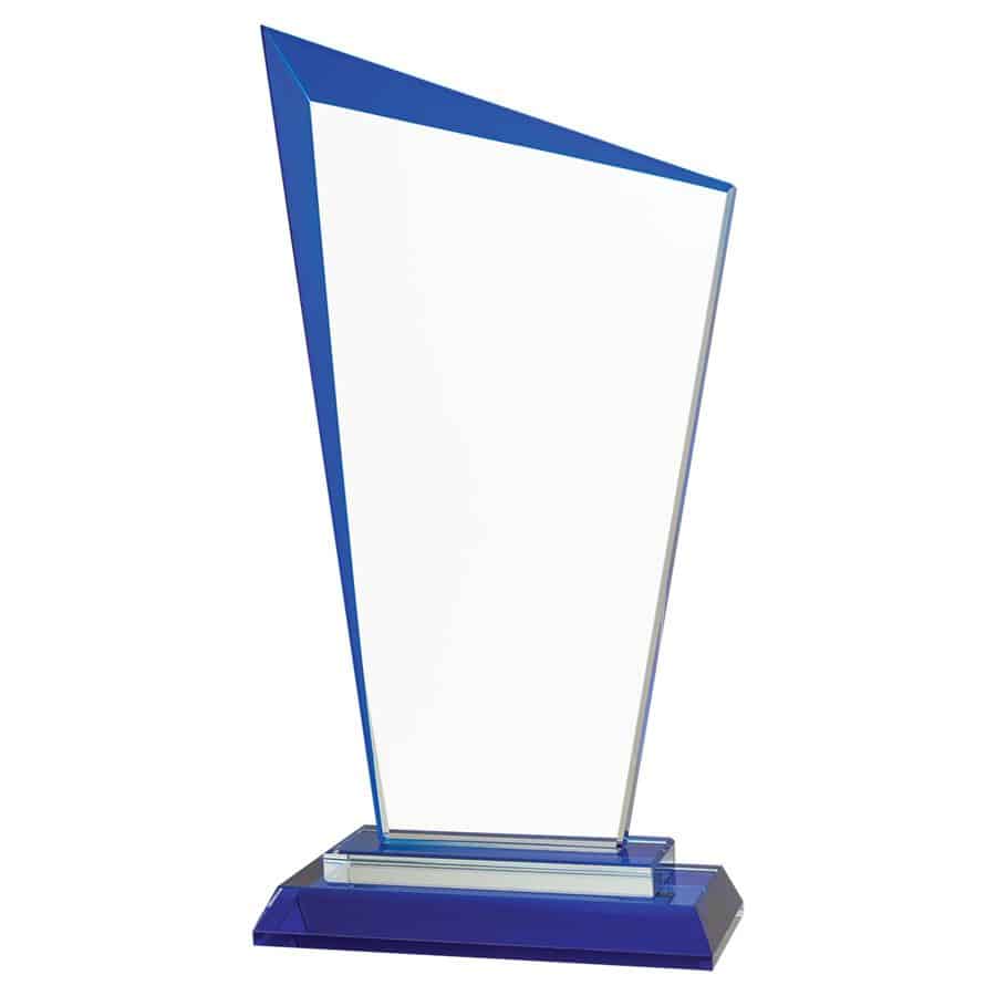 A contemporary glass award with a blue accent edge and base.
