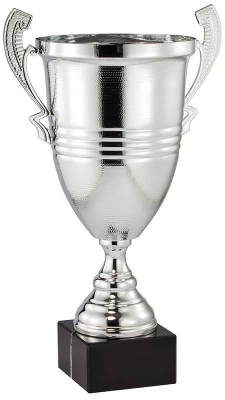 Silver Trophy Cup made from metal mounted on a black marble base.