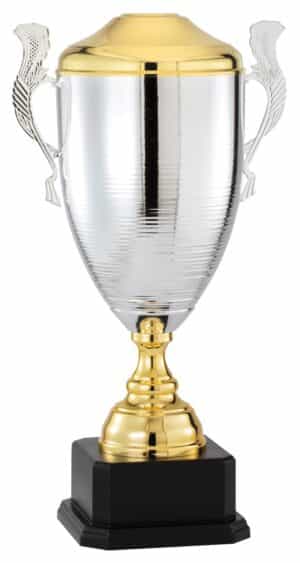 A large Gold & Silver Trophy Cup that stands 26" tall. It has a gold top & a gold stem at the bottom, while the middle part is silver. It's mounted on a black base that includes an engraving plate for personalization.