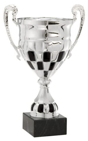 A racing trophy made with a chrome-like look, two handles & a checkered flag design. It's mounted on a heavy black marble base that includes an engraving plate.