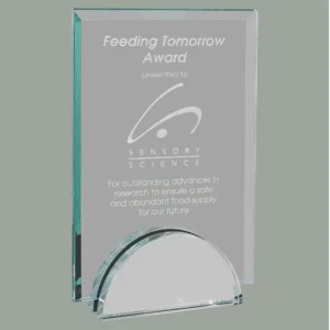 Our Apex Glass Award Features a large rectangle area for engraving on a silver metal base. This item comes in three different sizes. The G2605 which is 7.25" tall. The G2606, pictured here, which is 8.25" tall, And the G2607 which is 9.25" tall. The award comes in a satin lined deluxe gift box.