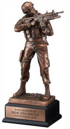 Bronze-finished Army soldier statue trophy (RFB134) featuring a highly detailed U.S. Army infantryman in full combat gear, helmet, tactical vest, and boots. The soldier stands in a ready position, aiming his rifle with focused determination. The figure is mounted on a realistic terrain base atop a sleek black rectangular pedestal with a large, polished bronze engraving plate that reads: “IN RECOGNITION OF DEDICATED SERVICE UNITED STATES ARMY”. This 11.5-inch tall resin trophy with rich bronze electroplate finish is designed for military recognition awards, retirements, and service honors.