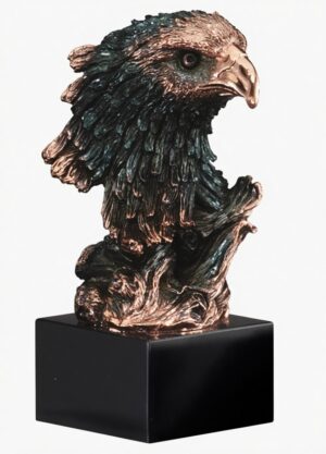 Detailed bronze eagle head sculpture AE250 featuring a majestic bald eagle bust with intricate feather texture on a black base, shown against a clean white background.