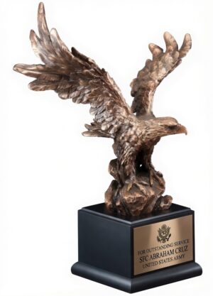 Bronze eagle statue with wings spread on a black base, featuring a U.S. Army engraved plate: "FOR OUTSTANDING SERVICE, SFC ABRAHAM CRUZ, UNITED STATES ARMY." This eagle statue comes in 3 sizes to choose from, all of which include free engraving or full color personalization.