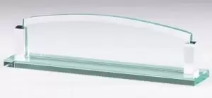 Our Glass Desk Name Plate features a 10" long base with silver brackets that hold the name plate loosely in place. The name plate can be personalized with laser engraving that comes through a frosted white or you can add full color of your name or even logo. This particular name plate is shown blank, without engraving. The GL79 glass name plate is 2.5" x 10" in size, weighs 1.9 lbs and includes free engraving.
