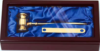 Solid brass gavel with gold gavel band for personalization, inside mahogany display case, GV100 = 5" x 11" Size