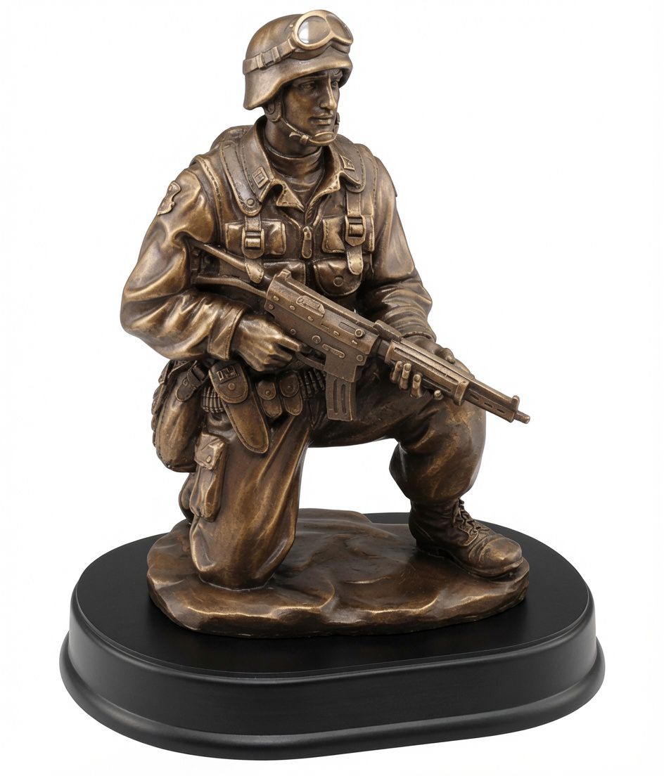 Kneeling Soldier Statue MIL204 - Detailed bronze-finished electroplated resin figure of a soldier kneeling on one knee, holding a rifle and wearing full combat gear with helmet and goggles. Mounted on a black base, this 6" x 10" military recognition trophy honors service, bravery, and dedication. Perfect for personalized military awards, retirements, and veteran gifts.