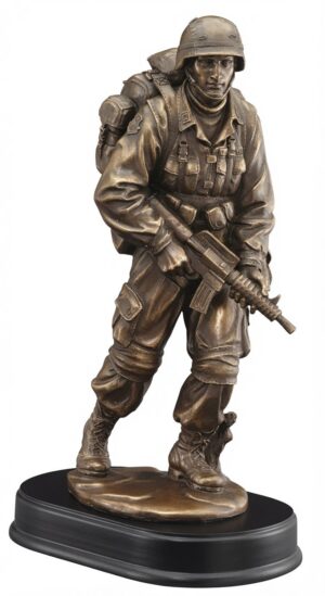 Military Patrol Statue MIL198 - Detailed bronze-finished electroplated resin figure of a soldier on patrol, wearing full combat gear with helmet, backpack, tactical vest, and boots while carrying a rifle. The imposing infantryman stands on a sleek black base, measuring 5" x 13". This military recognition trophy honors dedication, service, and vigilance. Perfect for personalized awards, retirements, veteran gifts, and patriotic displays. Free engraving available.