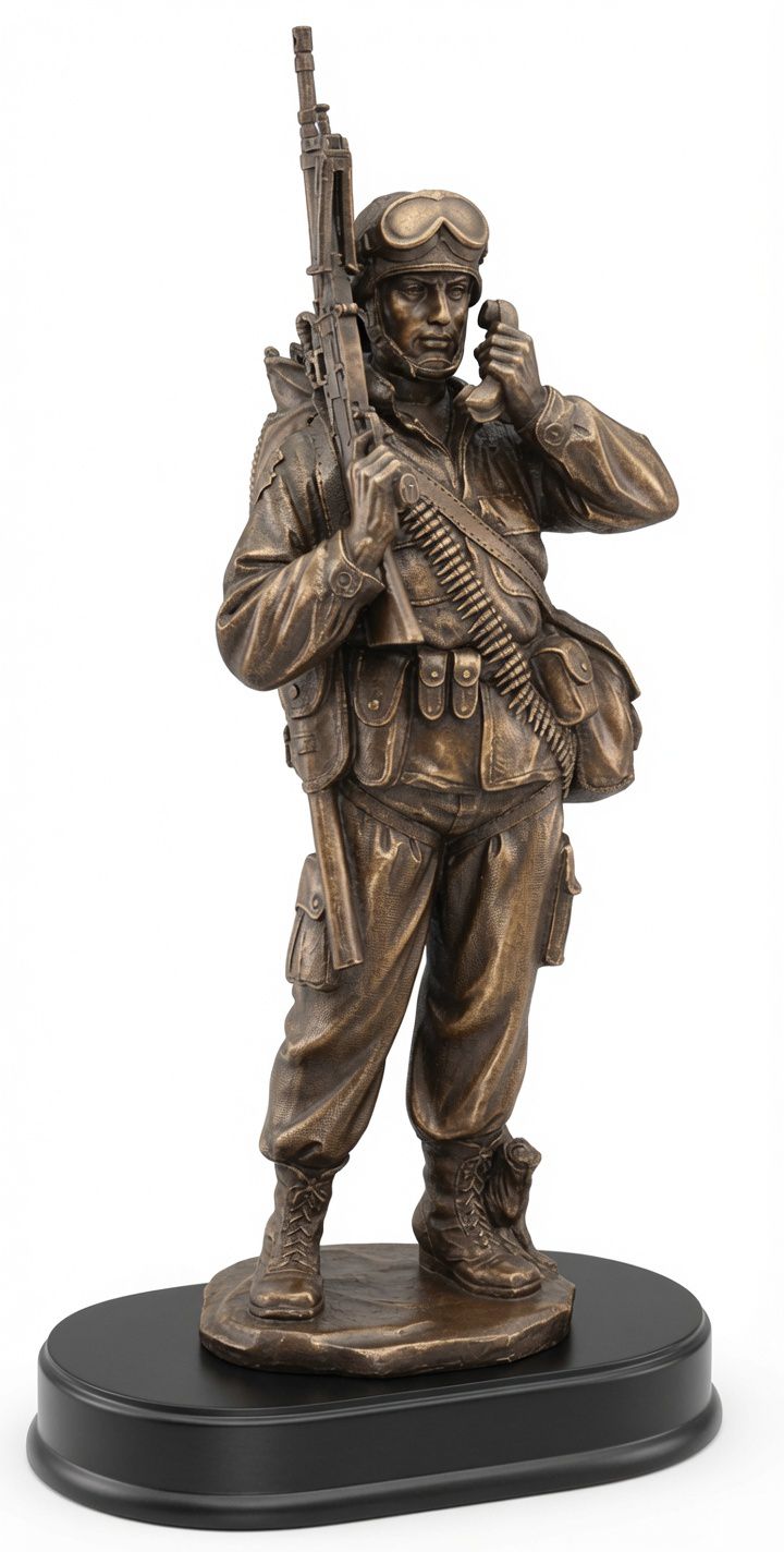Military Communications Statue MIL202 - Detailed bronze-finished electroplated resin figure of a standing soldier in full combat gear, holding a rifle in one hand while communicating on a radio handset with the other. Features helmet with goggles, tactical vest, ammunition belt, and focused expression. Mounted on a sleek black base with engraving plate, this 6" x 14" military award honors signal specialists, communicators, and dedicated service members. Perfect for personalized military recognitions, retirements, and veteran gifts.