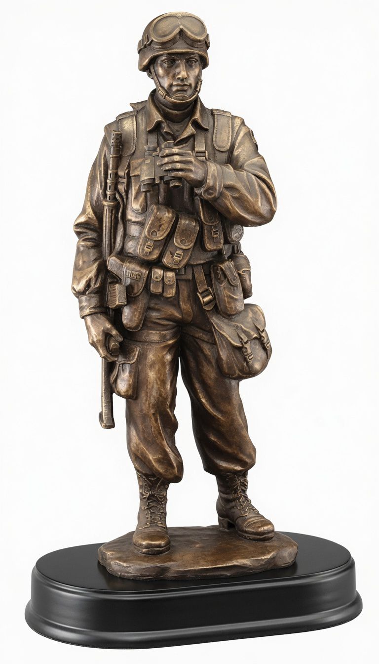 Recon Soldier Statue MIL200 - Highly detailed bronze-finished electroplated resin figure of a reconnaissance soldier standing alert in full combat gear. The statue features a helmet with goggles, tactical vest with pouches, binoculars held at the ready, rifle, and combat boots. Mounted on a sleek black oval base, this 5" x 14" military trophy honors elite recon specialists and outstanding service. Ideal for personalized military awards, retirements, and veteran recognition gifts with free engraving.