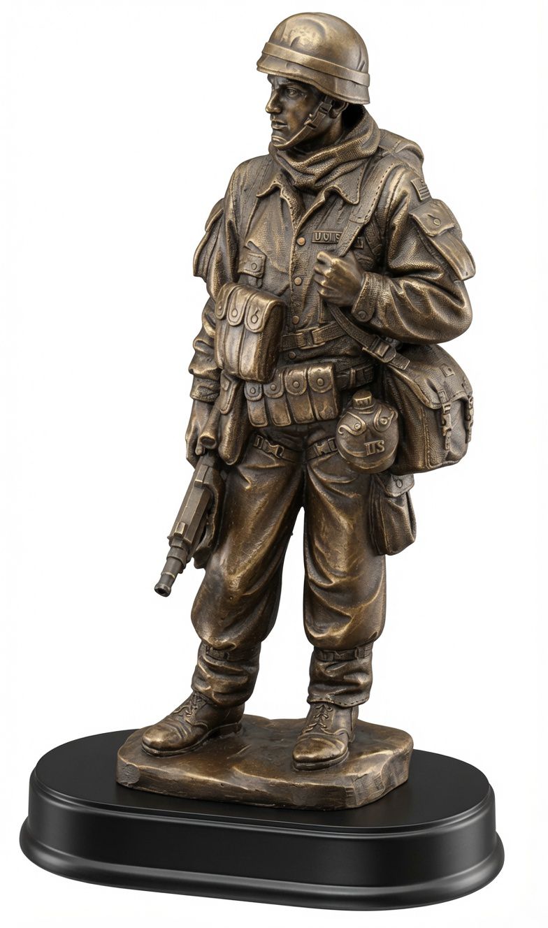 Standing Soldier Statue MIL201 - Detailed bronze-finished electroplated resin figure of a soldier standing at attention in full combat gear. Features helmet, tactical vest with pouches, canteen, pistol holster, ammo pouches, rifle, and combat boots. Mounted on a sleek black base with engraving plate, this 5" x 14" military recognition trophy honors dedicated service, tours of duty, and outstanding achievement. Perfect for personalized awards, retirements, and veteran gifts with free engraving.