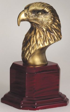Gold eagle head resin statue mounted on rosewood base, AE210 is 4" x 8.5" Size, Weighs 5 lbs.
