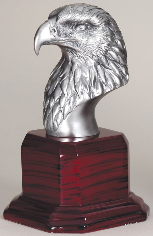 Silver eagle head statue mounted on rosewood base, AE215 is 4" x 8.5" Size, Weighs 5 lbs
