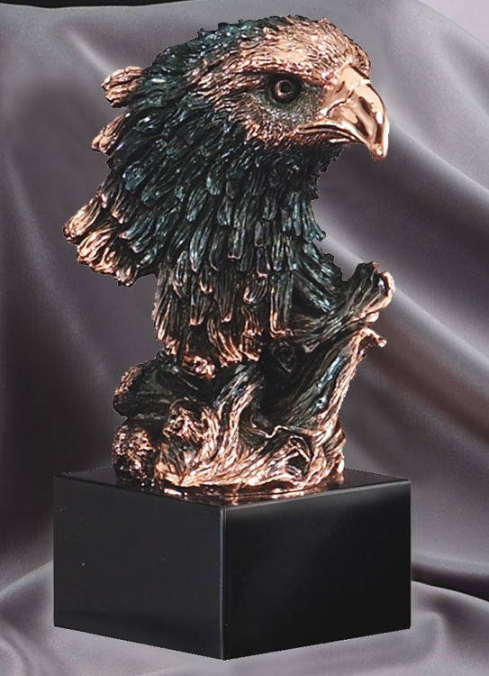 Bronze eagle head statue mounted on black base, AE250 is 4.5" x 8.5" Size, Weighs 2.5 lbs.