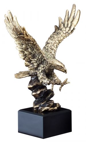 Gold eagle statue with wings in the air, mounted on black base, AE600 is 9.75" tall, AE610 is 12" tall, AE620 is 14" tall
