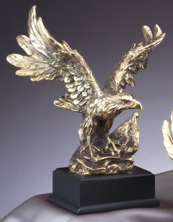 Gold eagle statue with a gold American flag, mounted on black base, AE700 is 7.5", AE710 is 11", AE720 is 14.5"