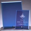 Blue Glass Plaques with silver peg at bottom, laser engraves with a white color