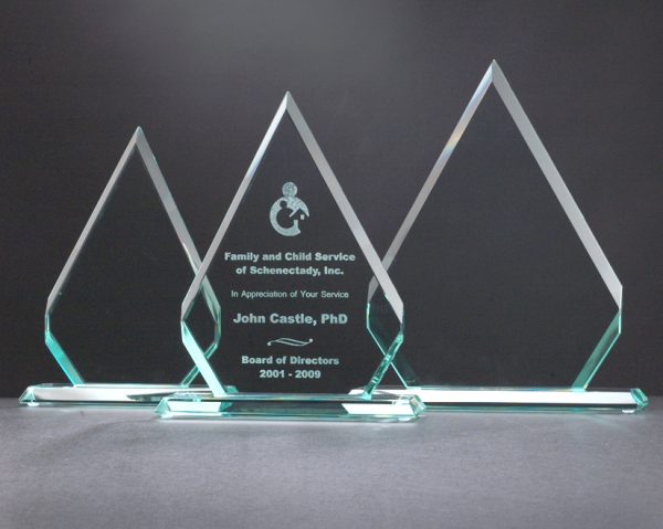 G2150 G2160 G2170 Glass Award, Diamond shaped glass for engraving mounted on a clear glass base