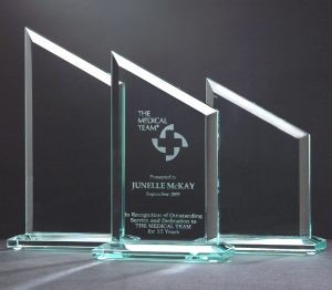 Zenith peak glass awards mounted on glass base, G2460 is 6.5", G2470 is 7.5", G2480 is 8.5"