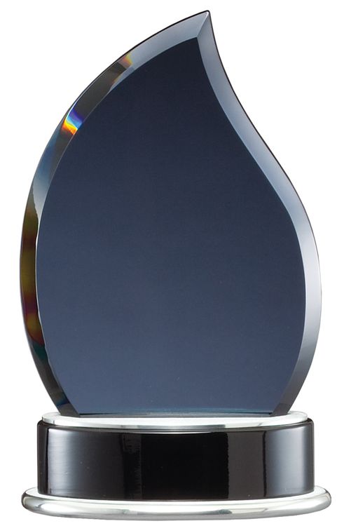 Gray colored glass flame award for engraving, mounted on a black & silver base, GK61 is 7.5" tall