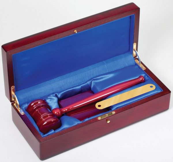 Rosewood gavel with gold gavel band & sounding block inside a rosewood case, GV145 is 12" x 5.25" Size, Weighs 4.5 lbs.