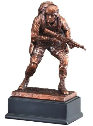 Bronze marine statue in full gear with gun in hand, mounted on back base, RFB135 is 4" x 10" Size, Weighs 3.2 lbs.
