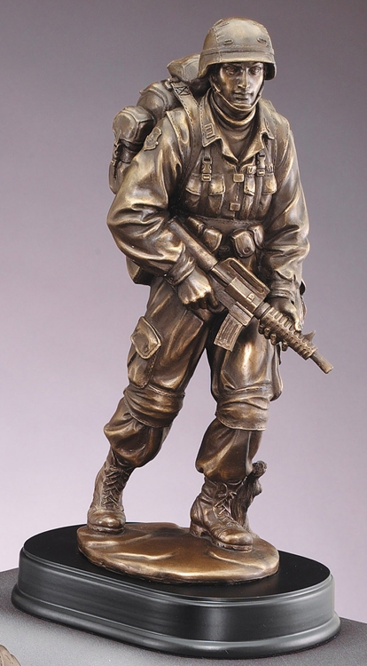 Military Patrol Statue shows solider patrolling with gun in hand, MIL198 is 5" x 13" Size, Weighs 3 lbs.