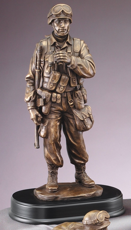 Recon military solider statue holding binoculars mounted on black base, MIL200 is 5" x 14" Size, Weighs 3.5 lbs.
