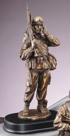 Military communications statue with phone & gun in hand, mounted on black base, MIL202 is 6" x 14" Size, Weighs 4lbs.