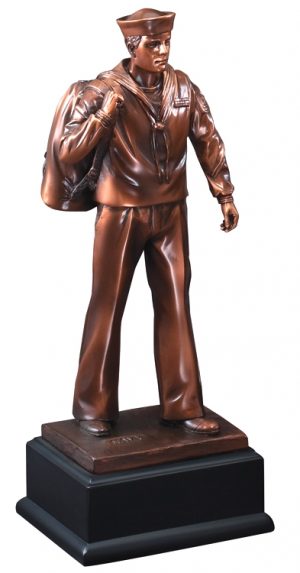 Bronze navy sailor statue with hat & bag, mounted on black base, RFB132 is 4" x 11.5" Size, Weighs 3 lbs.