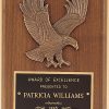 An eagle plaque made with a 6" x 8" walnut board, antique bronze eagle casting and a black & gold engraving plate for personalization.