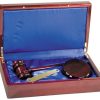 Rosewood gavel with gold gavel band & round sounding block inside rosewood case, PSDS10 is 13" x 7.75", Weighs 4 lbs.