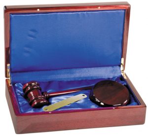 Rosewood gavel with gold gavel band & round sounding block inside rosewood case, PSDS10 is 13" x 7.75", Weighs 4 lbs.