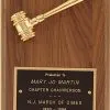 A 5" x 7" walnut board with a gold tone gavel at the top and a black brass engraving plate at the bottom. The engraving plate has words of recognition for the Chapter Chairperson of the New Jersey March of Dimes organization.