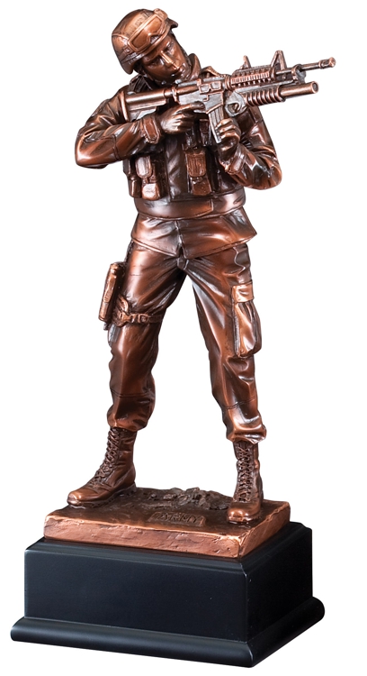 Bronze army soldier statue with gun & full gear mounted on black base, RFB134 is 3.5" x 11.5" Size, Weighs 3 lbs.